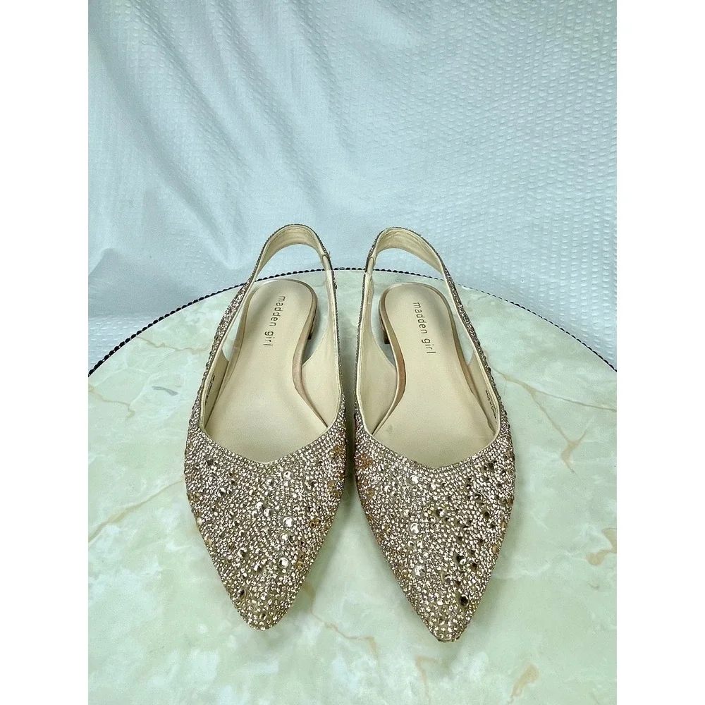 Madden Girl Devin-R Rhinestone Slingback Flats Womens 6.5 Gold Pointed Evening